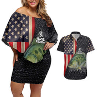 Custom Largemouth Bass Fishing Couples Matching Off Shoulder Short Dress and Hawaiian Shirt American Flag and Bubble Texture Background - Wonder Print Shop