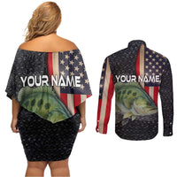 Custom Largemouth Bass Fishing Couples Matching Off Shoulder Short Dress and Long Sleeve Button Shirt American Flag and Bubble Texture Background - Wonder Print Shop