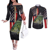 Custom Largemouth Bass Fishing Couples Matching Off The Shoulder Long Sleeve Dress and Long Sleeve Button Shirt American Flag and Bubble Texture Background - Wonder Print Shop