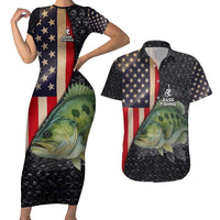 Custom Largemouth Bass Fishing Couples Matching Short Sleeve Bodycon Dress and Hawaiian Shirt American Flag and Bubble Texture Background - Wonder Print Shop