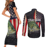 Custom Largemouth Bass Fishing Couples Matching Short Sleeve Bodycon Dress and Long Sleeve Button Shirt American Flag and Bubble Texture Background - Wonder Print Shop