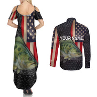 Custom Largemouth Bass Fishing Couples Matching Summer Maxi Dress and Long Sleeve Button Shirt American Flag and Bubble Texture Background - Wonder Print Shop