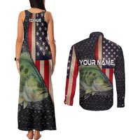 Custom Largemouth Bass Fishing Couples Matching Tank Maxi Dress and Long Sleeve Button Shirt American Flag and Bubble Texture Background - Wonder Print Shop