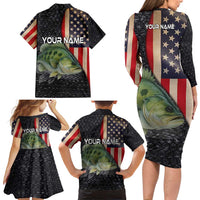 Custom Largemouth Bass Fishing Family Matching Long Sleeve Bodycon Dress and Hawaiian Shirt American Flag and Bubble Texture Background - Wonder Print Shop