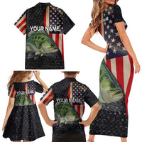Custom Largemouth Bass Fishing Family Matching Short Sleeve Bodycon Dress and Hawaiian Shirt American Flag and Bubble Texture Background - Wonder Print Shop