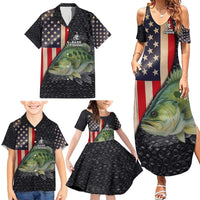 Custom Largemouth Bass Fishing Family Matching Summer Maxi Dress and Hawaiian Shirt American Flag and Bubble Texture Background - Wonder Print Shop