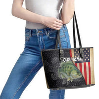 Custom Largemouth Bass Fishing Leather Tote Bag American Flag and Bubble Texture Background - Wonder Print Shop