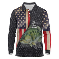 Custom Largemouth Bass Fishing Long Sleeve Polo Shirt American Flag and Bubble Texture Background - Wonder Print Shop