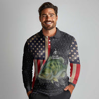 Custom Largemouth Bass Fishing Long Sleeve Polo Shirt American Flag and Bubble Texture Background - Wonder Print Shop