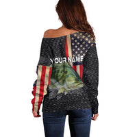 Custom Largemouth Bass Fishing Off Shoulder Sweater American Flag and Bubble Texture Background - Wonder Print Shop
