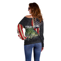 Custom Largemouth Bass Fishing Off Shoulder Sweater American Flag and Bubble Texture Background - Wonder Print Shop