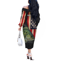 Custom Largemouth Bass Fishing Off The Shoulder Long Sleeve Dress American Flag and Bubble Texture Background - Wonder Print Shop