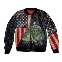 Custom Largemouth Bass Fishing Sleeve Zip Bomber Jacket American Flag and Bubble Texture Background - Wonder Print Shop