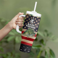 Custom Largemouth Bass Fishing Tumbler With Handle American Flag and Bubble Texture Background - Wonder Print Shop