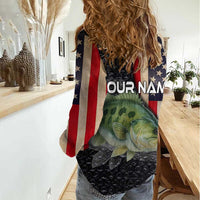 Custom Largemouth Bass Fishing Women Casual Shirt American Flag and Bubble Texture Background - Wonder Print Shop