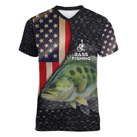 Custom Largemouth Bass Fishing Women V-Neck T-Shirt American Flag and Bubble Texture Background - Wonder Print Shop