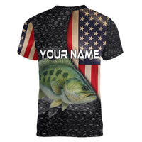 Custom Largemouth Bass Fishing Women V-Neck T-Shirt American Flag and Bubble Texture Background - Wonder Print Shop