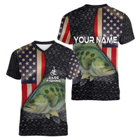 Custom Largemouth Bass Fishing Women V-Neck T-Shirt American Flag and Bubble Texture Background - Wonder Print Shop