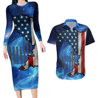 Custom American Flag Universe Patriotic Couples Matching Long Sleeve Bodycon Dress and Hawaiian Shirt Blue Galaxy Sky Graphic Design - Wonder Print Shop
