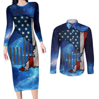 Custom American Flag Universe Patriotic Couples Matching Long Sleeve Bodycon Dress and Long Sleeve Button Shirt Blue Galaxy Sky Graphic Design - Wonder Print Shop
