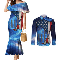 Custom American Flag Universe Patriotic Couples Matching Mermaid Dress and Long Sleeve Button Shirt Blue Galaxy Sky Graphic Design - Wonder Print Shop