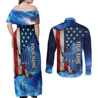 Custom American Flag Universe Patriotic Couples Matching Off Shoulder Maxi Dress and Long Sleeve Button Shirt Blue Galaxy Sky Graphic Design - Wonder Print Shop