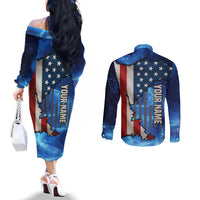 Custom American Flag Universe Patriotic Couples Matching Off The Shoulder Long Sleeve Dress and Long Sleeve Button Shirt Blue Galaxy Sky Graphic Design - Wonder Print Shop