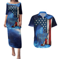 Custom American Flag Universe Patriotic Couples Matching Puletasi and Hawaiian Shirt Blue Galaxy Sky Graphic Design - Wonder Print Shop