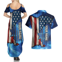 Custom American Flag Universe Patriotic Couples Matching Summer Maxi Dress and Hawaiian Shirt Blue Galaxy Sky Graphic Design - Wonder Print Shop