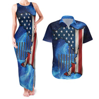 Custom American Flag Universe Patriotic Couples Matching Tank Maxi Dress and Hawaiian Shirt Blue Galaxy Sky Graphic Design - Wonder Print Shop