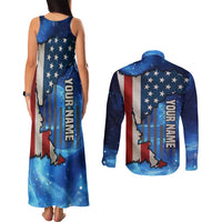Custom American Flag Universe Patriotic Couples Matching Tank Maxi Dress and Long Sleeve Button Shirt Blue Galaxy Sky Graphic Design - Wonder Print Shop
