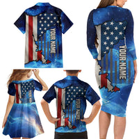 Custom American Flag Universe Patriotic Family Matching Long Sleeve Bodycon Dress and Hawaiian Shirt Blue Galaxy Sky Graphic Design - Wonder Print Shop