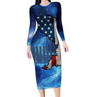 Custom American Flag Universe Patriotic Family Matching Long Sleeve Bodycon Dress and Hawaiian Shirt Blue Galaxy Sky Graphic Design - Wonder Print Shop