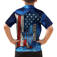 Custom American Flag Universe Patriotic Family Matching Off The Shoulder Long Sleeve Dress and Hawaiian Shirt Blue Galaxy Sky Graphic Design - Wonder Print Shop