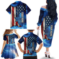 Custom American Flag Universe Patriotic Family Matching Off The Shoulder Long Sleeve Dress and Hawaiian Shirt Blue Galaxy Sky Graphic Design - Wonder Print Shop