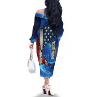 Custom American Flag Universe Patriotic Family Matching Off The Shoulder Long Sleeve Dress and Hawaiian Shirt Blue Galaxy Sky Graphic Design - Wonder Print Shop
