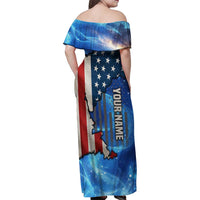 Custom American Flag Universe Patriotic Family Matching Off Shoulder Maxi Dress and Hawaiian Shirt Blue Galaxy Sky Graphic Design - Wonder Print Shop