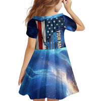 Custom American Flag Universe Patriotic Family Matching Off Shoulder Short Dress and Hawaiian Shirt Blue Galaxy Sky Graphic Design - Wonder Print Shop