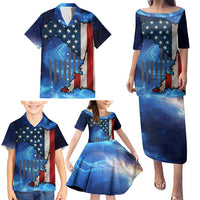 Custom American Flag Universe Patriotic Family Matching Puletasi and Hawaiian Shirt Blue Galaxy Sky Graphic Design - Wonder Print Shop