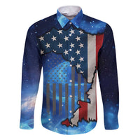 Custom American Flag Universe Patriotic Family Matching Short Sleeve Bodycon Dress and Hawaiian Shirt Blue Galaxy Sky Graphic Design - Wonder Print Shop