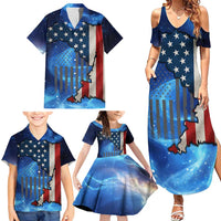 Custom American Flag Universe Patriotic Family Matching Summer Maxi Dress and Hawaiian Shirt Blue Galaxy Sky Graphic Design - Wonder Print Shop