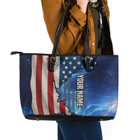 Custom American Flag Universe Patriotic Leather Tote Bag Blue Galaxy Sky Graphic Design - Wonder Print Shop