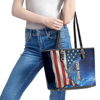 Custom American Flag Universe Patriotic Leather Tote Bag Blue Galaxy Sky Graphic Design - Wonder Print Shop
