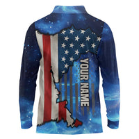 Custom American Flag Universe Patriotic Long Sleeve Polo Shirt Blue Galaxy Sky Graphic Design - Wonder Print Shop