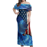 Custom American Flag Universe Patriotic Off Shoulder Maxi Dress Blue Galaxy Sky Graphic Design - Wonder Print Shop