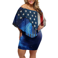Custom American Flag Universe Patriotic Off Shoulder Short Dress Blue Galaxy Sky Graphic Design - Wonder Print Shop
