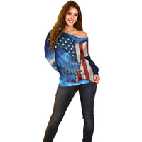 Custom American Flag Universe Patriotic Off Shoulder Sweater Blue Galaxy Sky Graphic Design - Wonder Print Shop