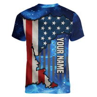 Custom American Flag Universe Patriotic Women V-Neck T-Shirt Blue Galaxy Sky Graphic Design - Wonder Print Shop