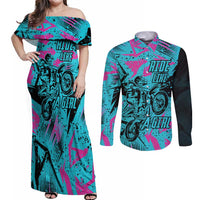 Personalized Ride Like a Girl Couples Matching Off Shoulder Maxi Dress and Long Sleeve Button Shirt Motocross Graphic and Turquoise Pink Graffiti Design - Wonder Print Shop