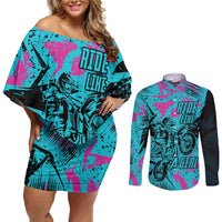 Personalized Ride Like a Girl Couples Matching Off Shoulder Short Dress and Long Sleeve Button Shirt Motocross Graphic and Turquoise Pink Graffiti Design - Wonder Print Shop